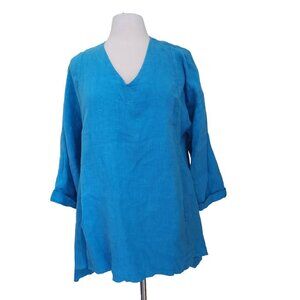 MOSAIC USA 100% LINEN SHARKBITE TUNIC Blue Women Size M Lagenlook‎ 3/4 Sleeves
